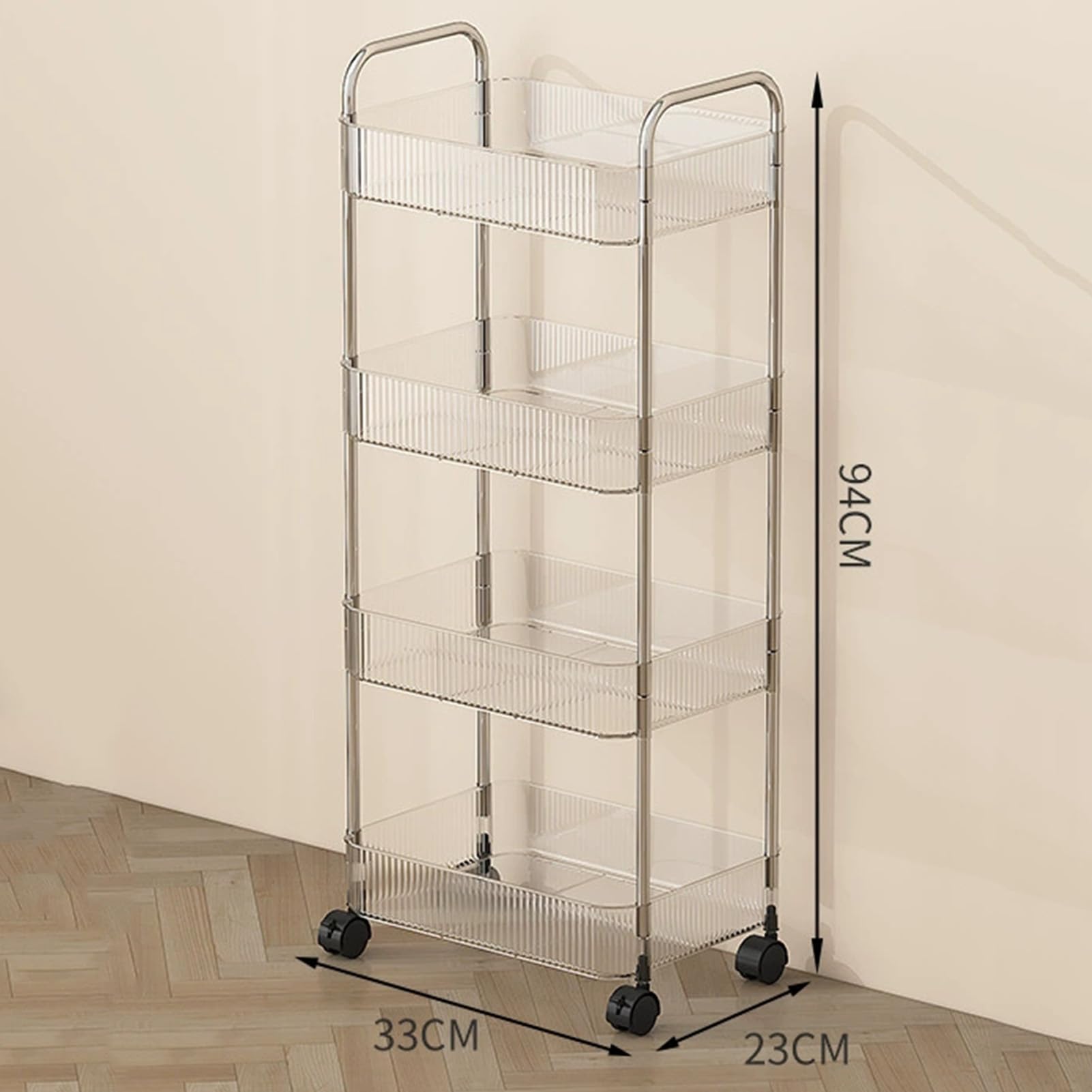 Carrello portaoggetti a 4 ripiani con ruote e cesto sospeso, ripiani mobili per ufficio, bagno, cucina, soluzione di archiviazione