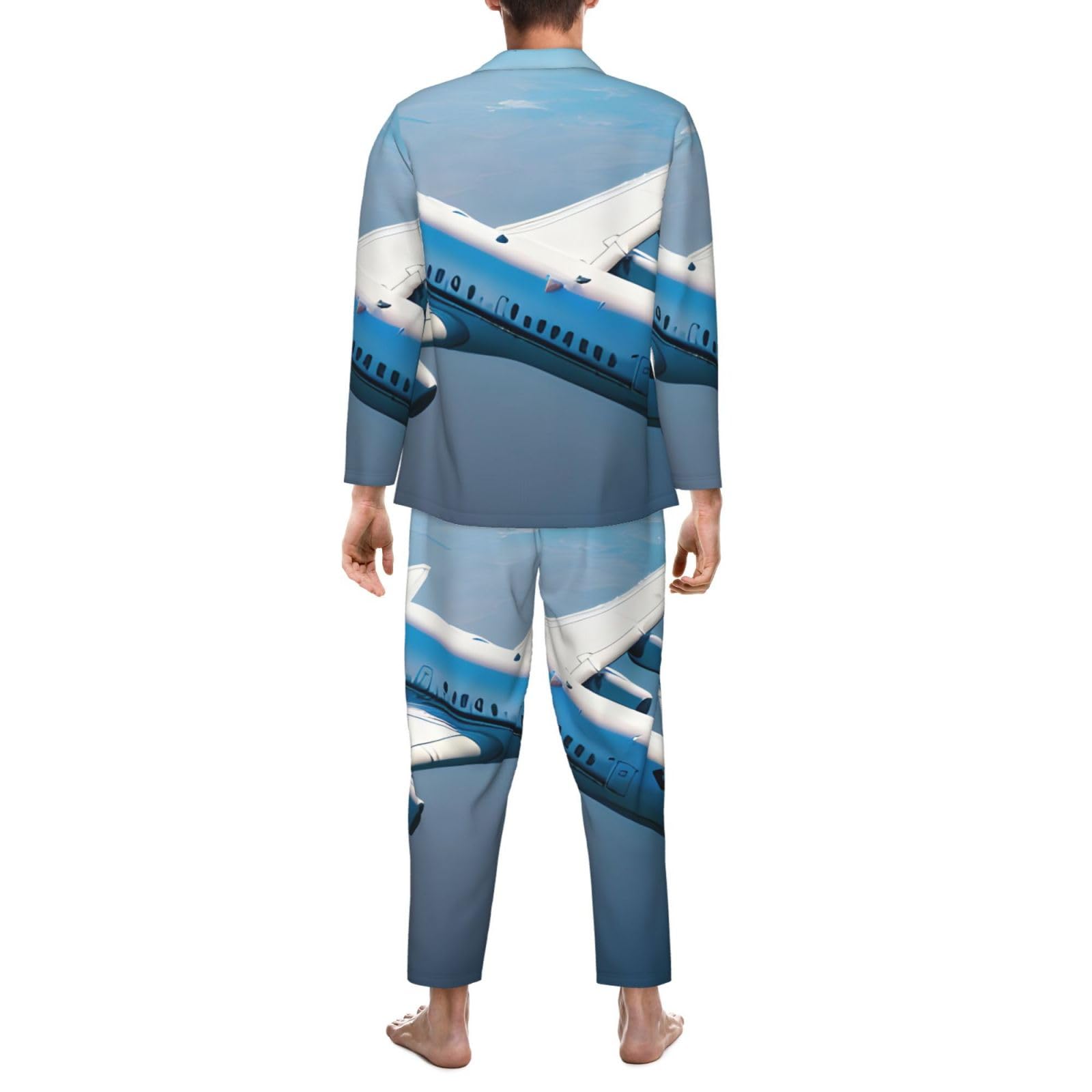 Herren-Pyjama-Set mit Flugzeug-Druck, langärmelig, zweiteilig, Hauskleidung, bequeme Nachtwäsche