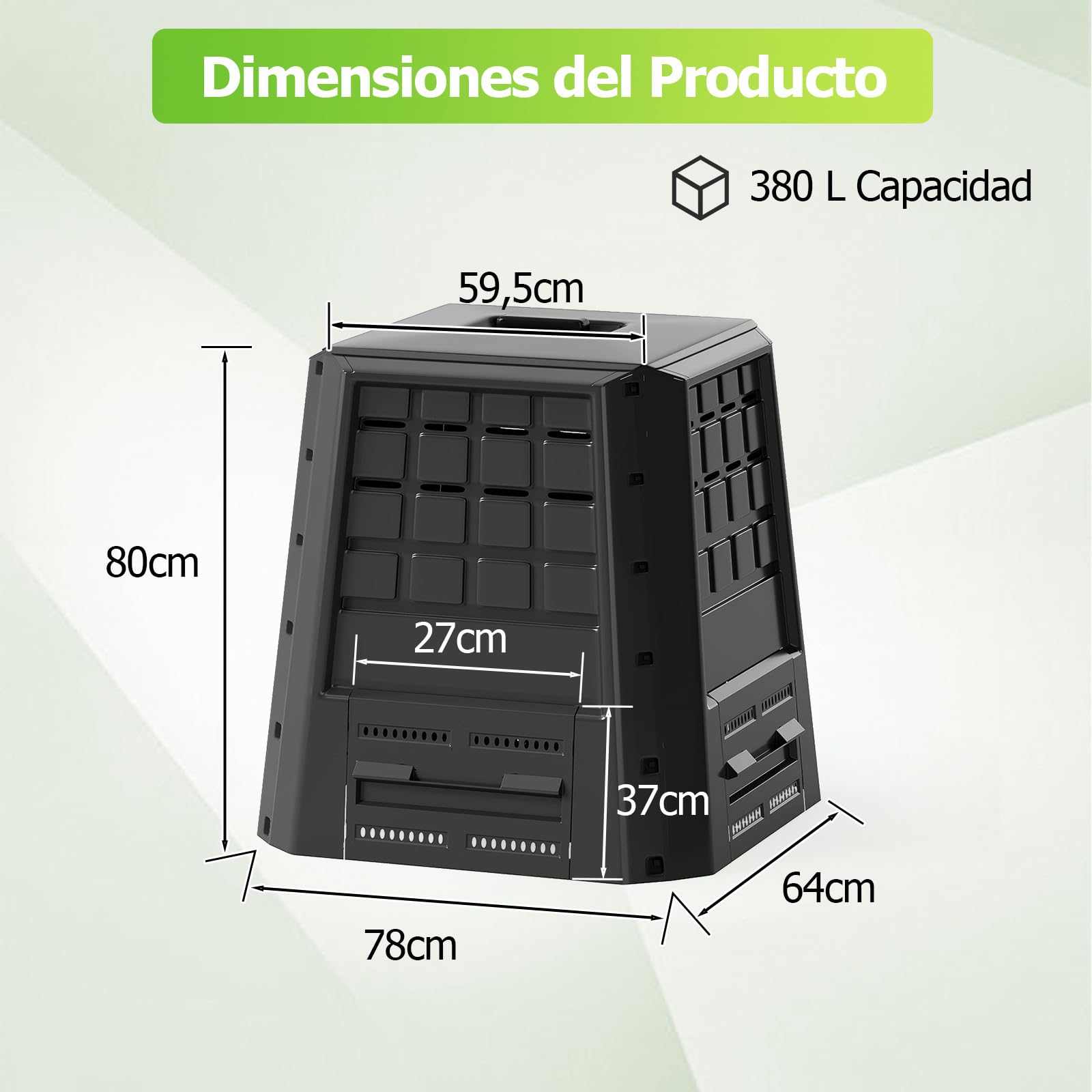 GOPLUS Compostador de Jardín de 380 L con Ventilación | Cubo de Compost Exterior con Tapa y Puerta, Compostera de PP Resistente a la Intemperie para Residuos Orgánicos