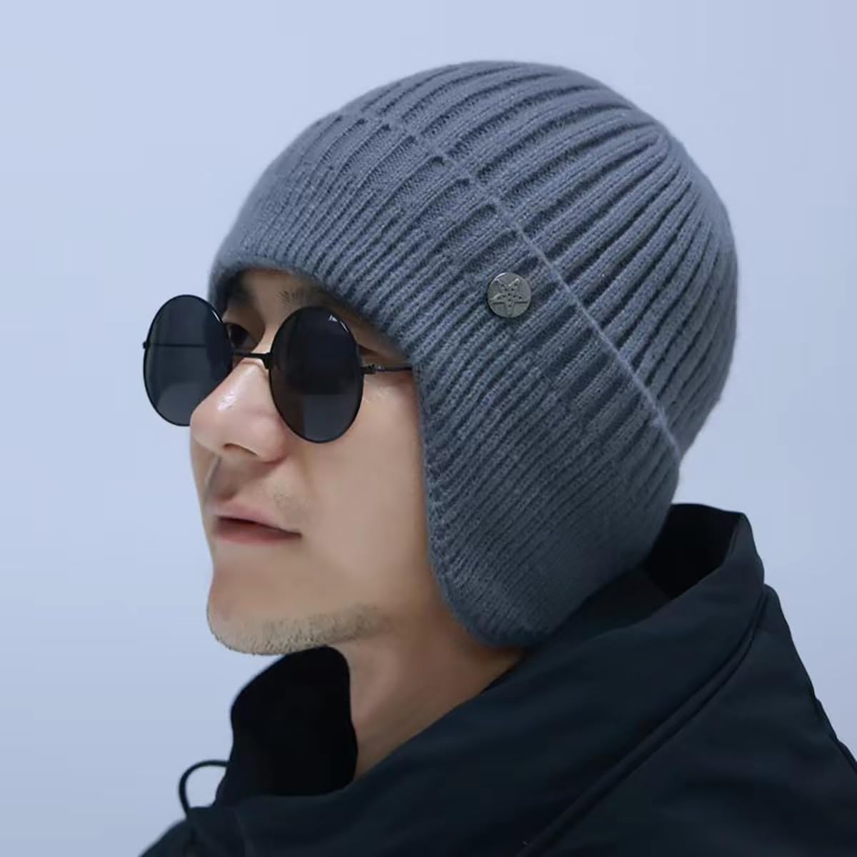 SYGA Winter Woolen Hat Men Ears Protection Beanie Knitted Hat Soft Plush Warm Cap (Above 15 Year) Dark Grey - Image 6 thumbnail