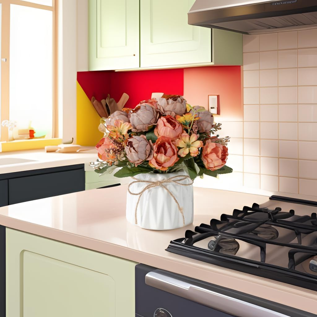 Hbluefat Faux Flowers with Vase,Artificial Silk Flowers in Ceramic Vase,Small Fake Flower Arrangement for Home Office Kitchen Bathroom Coffee Dining Table Centerpiece Decor (Orange,Peony) - Image 8