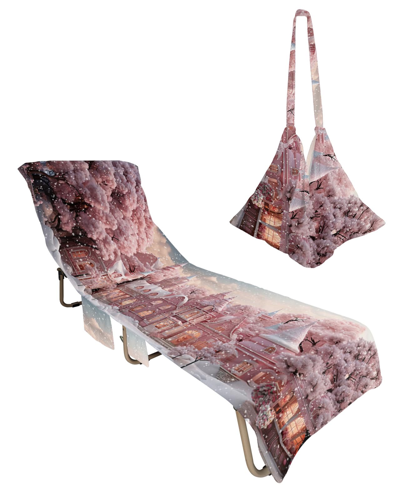 Christmas Beach Chair Towel Covers for Chaise Lounge With Side Pocket, Soft Plush Pool Towels Cover for Patio Sunbathing Outdoor 29''x85'' Romantic Forest Pink Snowman House