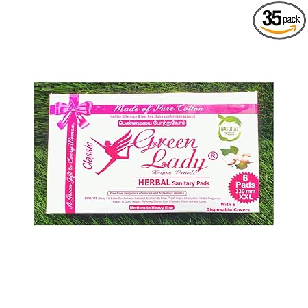 Green Lady Classic Organic Biodegradable Herbal Sanitary Napkin Pads for heavy flow Women, Chemical Free and Natural (6 Pads) XXL night pad