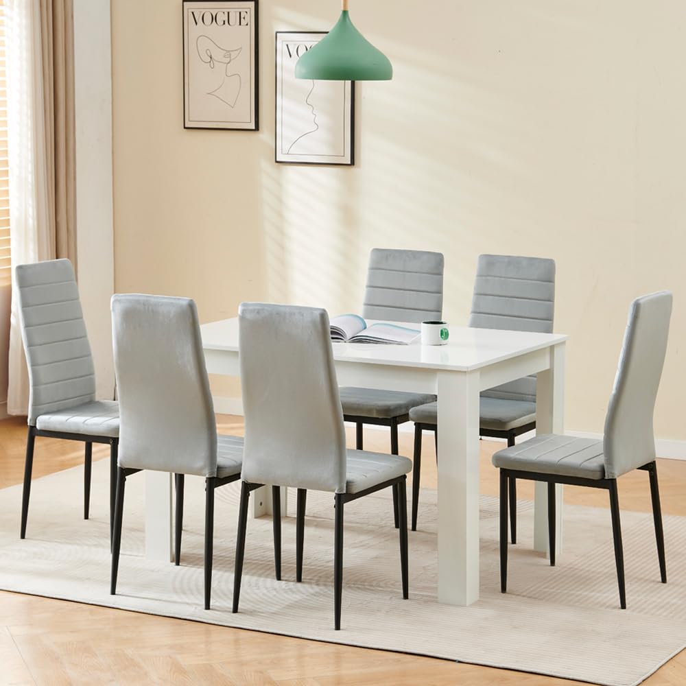 Homullel 7 Piece Dining Room Table and Chairs Set for Dining Room, Modern 120cm White High Gloss Dining Table with 6 Grey Velvet Chairs for Family Dinner Set Space Saving — image 1