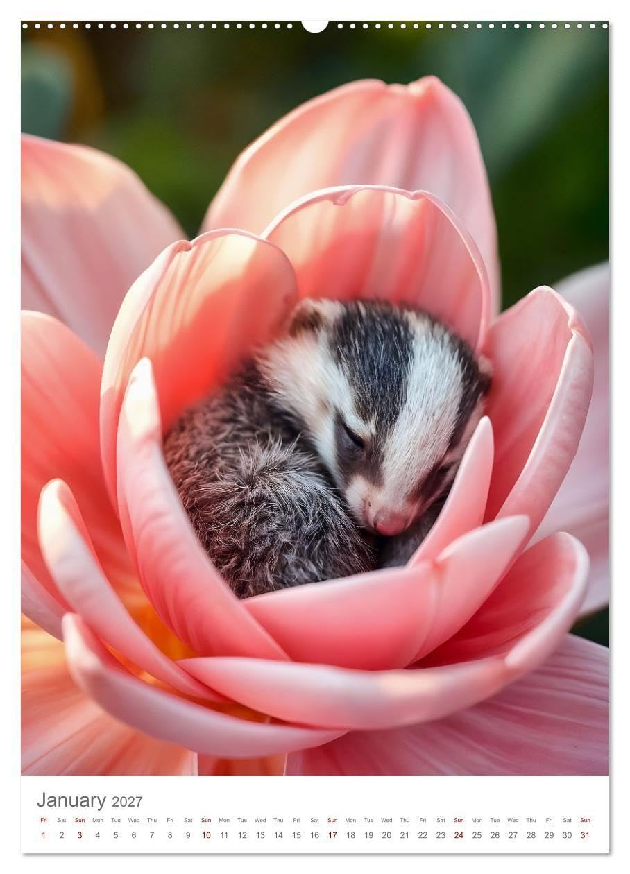 Forest babies asleep in flowers (High Quality Premium Wall Calendar 2027 DIN A2 portrait),CALVENDO 12 Month Wall Calendar: Baby forest animals dream in calyxes