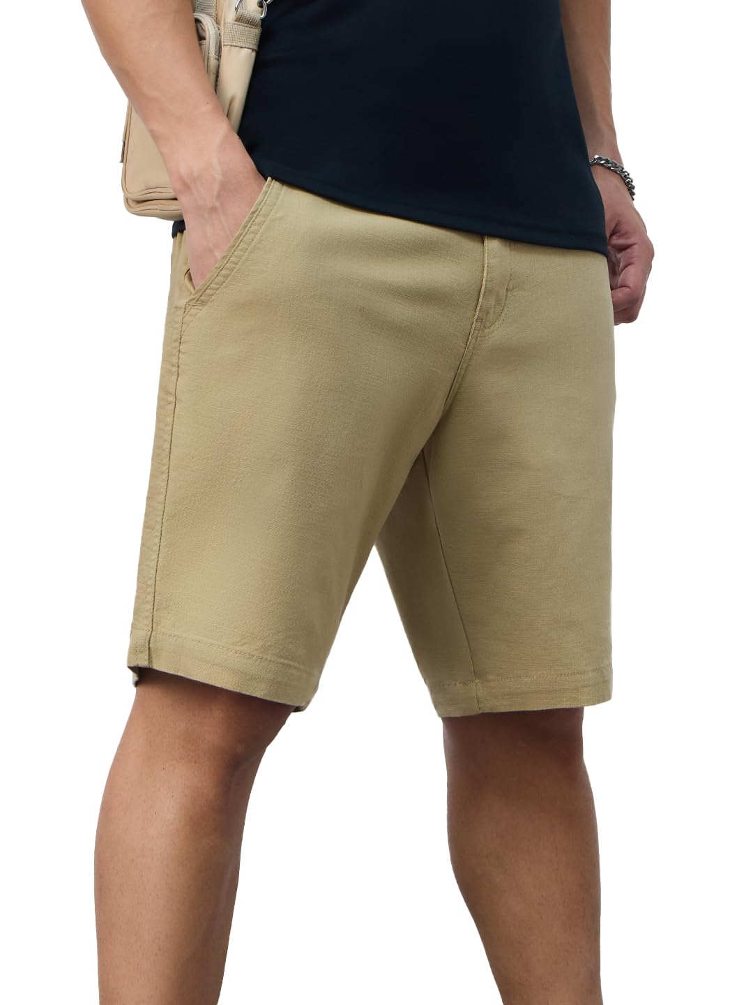 The Souled Store Chino Shorts: Camel Men and Boys Buttoned Beige Solid Cotton Blend Knee Length Chino Shorts-picture-12