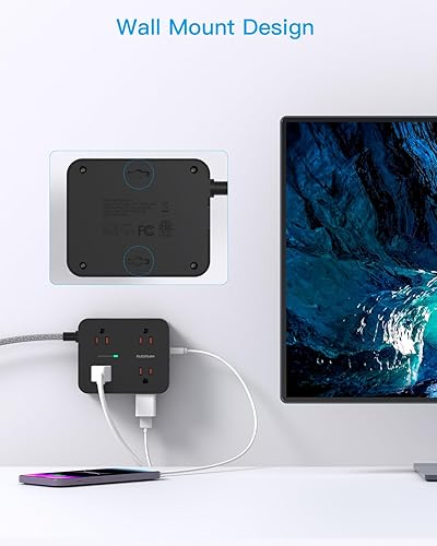 Miniatura 6 de Regleta protectora contra sobretensiones, 8 salidas con 4 puertos de carga USB (2 USB C), extensor de salida lateral con cable de extensión trenzado