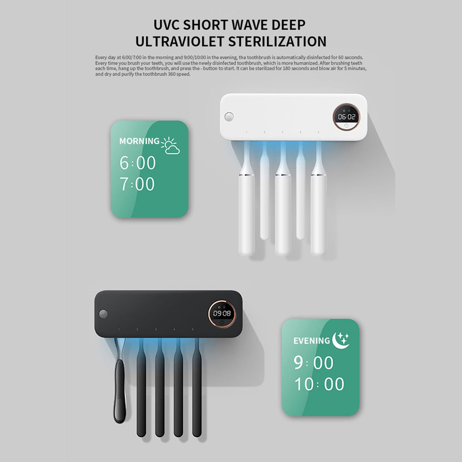 Soporte para cepillos de dientes montado en la pared Almacenamiento de baño Desinfectante de cepillos de dientes para el hogar Accesorios de baño impermeables,White