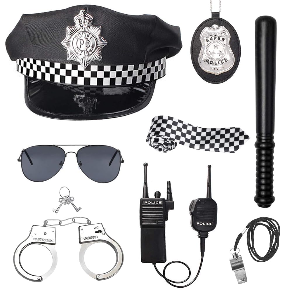 8 Pcs Police Costume Accessories, Adult Police Costume, Halloween Fancy Dress Party Accessories Set with Vest, Cap, Badge, Glasses, Handcuff and More for FBI Role Play Cosplay Party Fancy Dress
