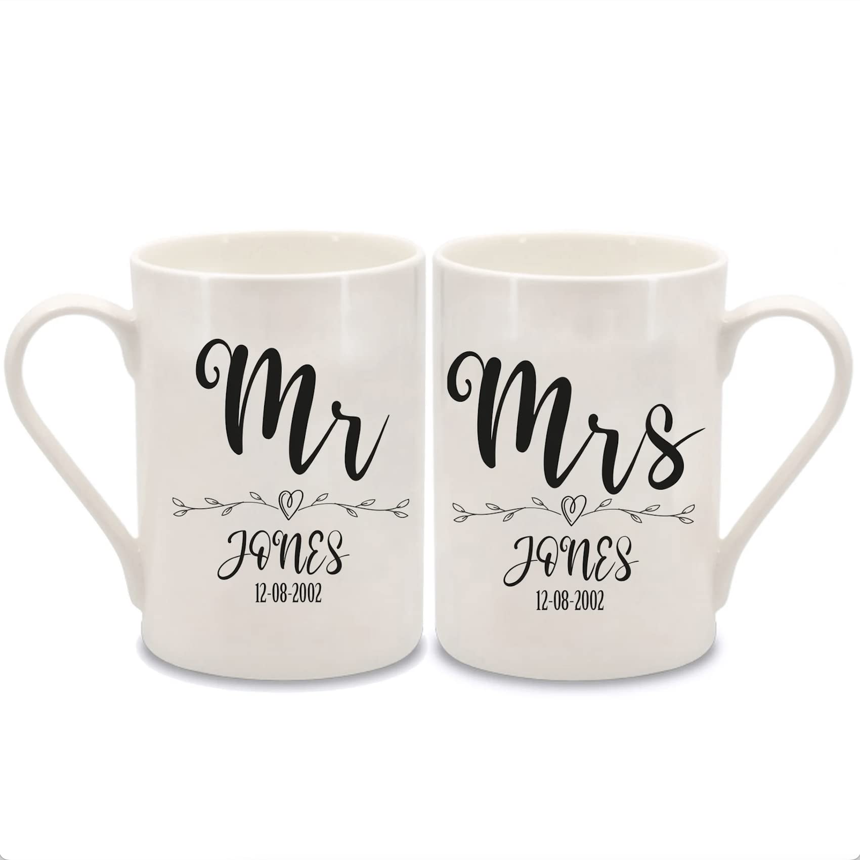 WOWZ DESIGN & PRINT DESIGN LTD Personalised Mr and Mrs Heart Mugs, 20th Anniversary Personalised Bone China Mugs, Wedding Anniversary Keepsake, Mr and Mrs Gift, New Home Gift