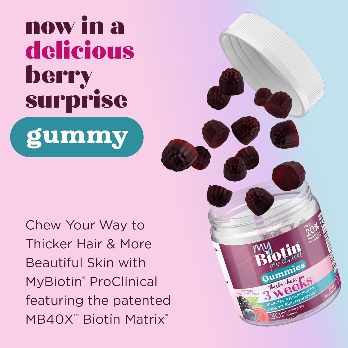 Purity Products MyBiotin ProClinical Gummies - Thicker Hair Starting in 3 Weeks & Fights Wrinkles - MB40X Biotin Matrix w/Astaxanthin - 40X More Soluble vs Ordinary Biotin 30 Berry Gummy Chews - Image 3
