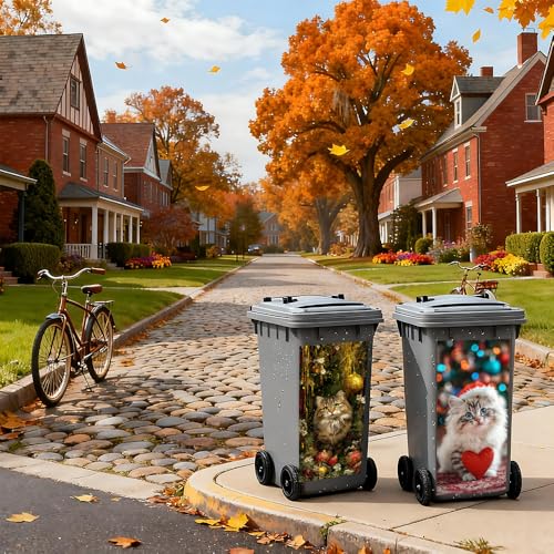 Image of 2 PC Trash Can Sticker 14.57 x 32.28 Inch Fluffy Kitten Christmas Vinyl Sticker with Santa Hat Red Heart Gold Ornament Pine Garland for Outdoor Garbage Bin Garden Yard Decor