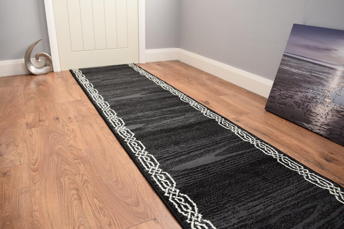 SrS Rugs® Luna Collection, Modern Long Carpet Runner Rug for Entrance Hall and Stairs. Smooth Soft 8mm Depth Pile. 70cm Wide. Any length (Black Chain Border, Length: 29' (884cm)) — image 1