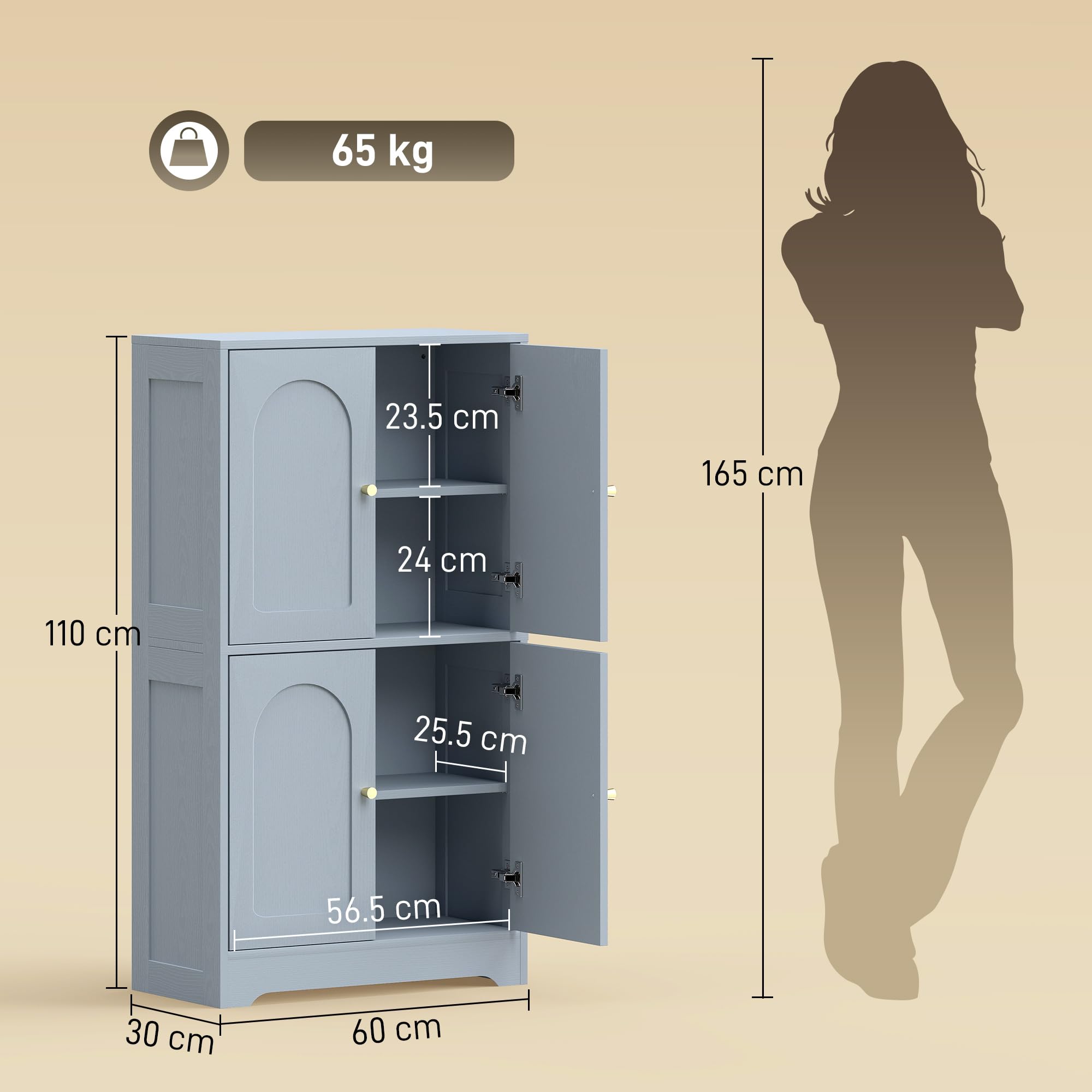HOMCOM Armoire de cuisine de 110 cm, placard de rangement de cuisine indépendant avec 4 portes cintrées et 2 étagères réglables, placard de garde-manger moderne pour salle à manger, gris