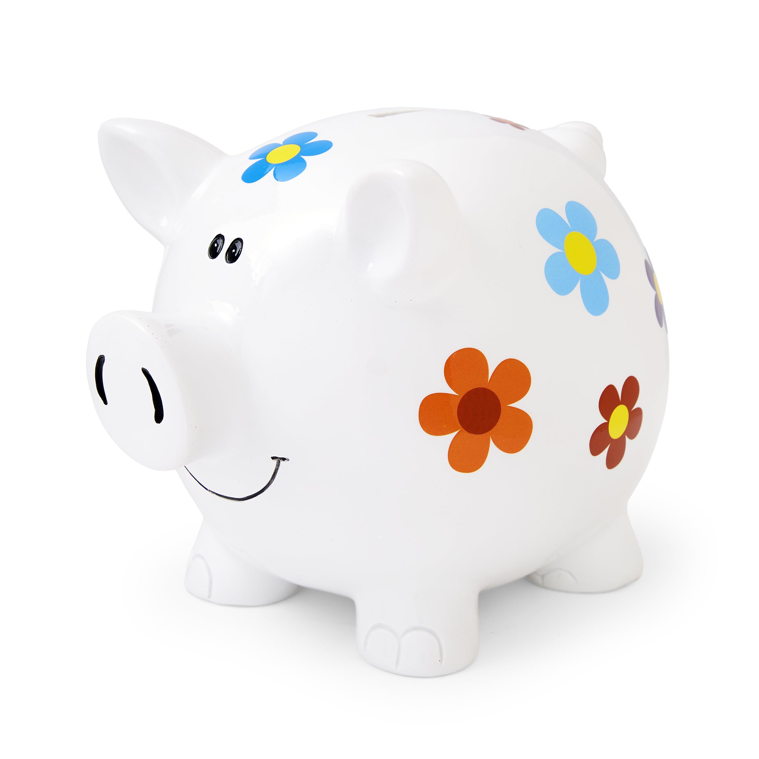 Mousehouse Gifts Girls White With Flowers - Large Patterned Pig Piggy Bank Money Box For Children & Adults (White With Flowers)