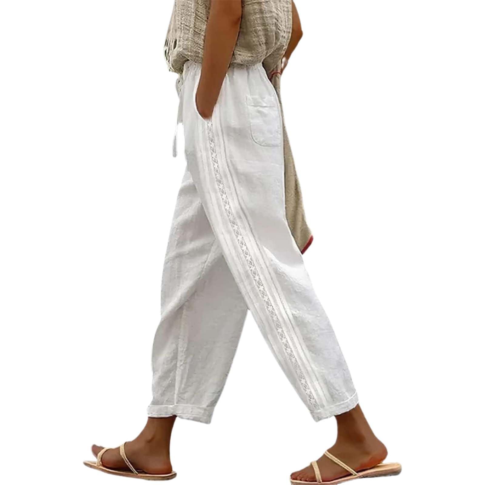 Womens Cotton Linen Pants Summer Casual Drawstring Elastic Waist Capri Pants Lightweight Trousers Pockets