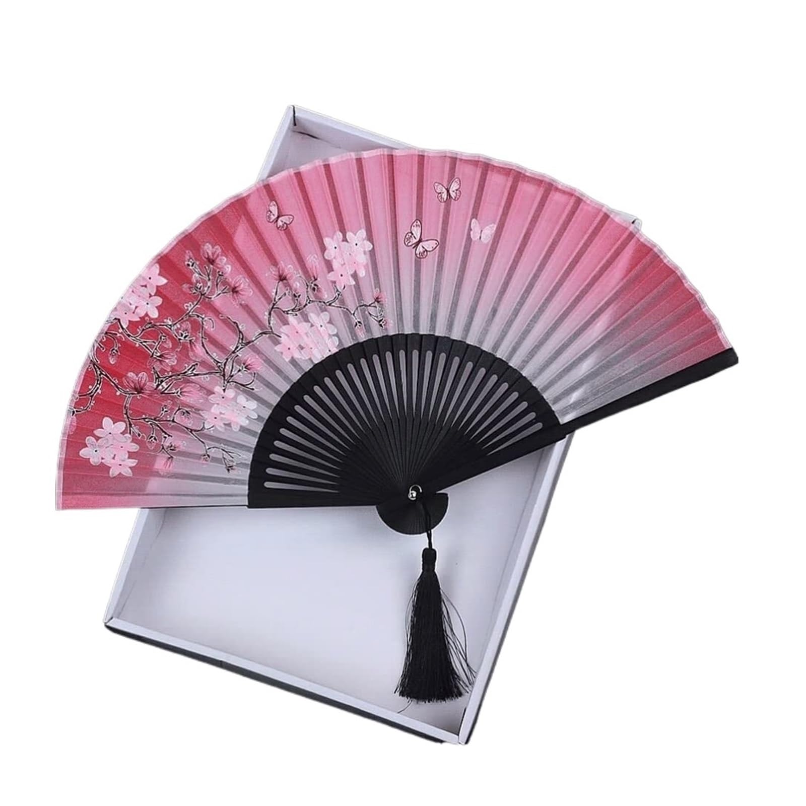 METTEOR Folding Fans Floral Chinese/vintage Retro Style Handheld Silk With Tassel (Black Bone Pink one size)