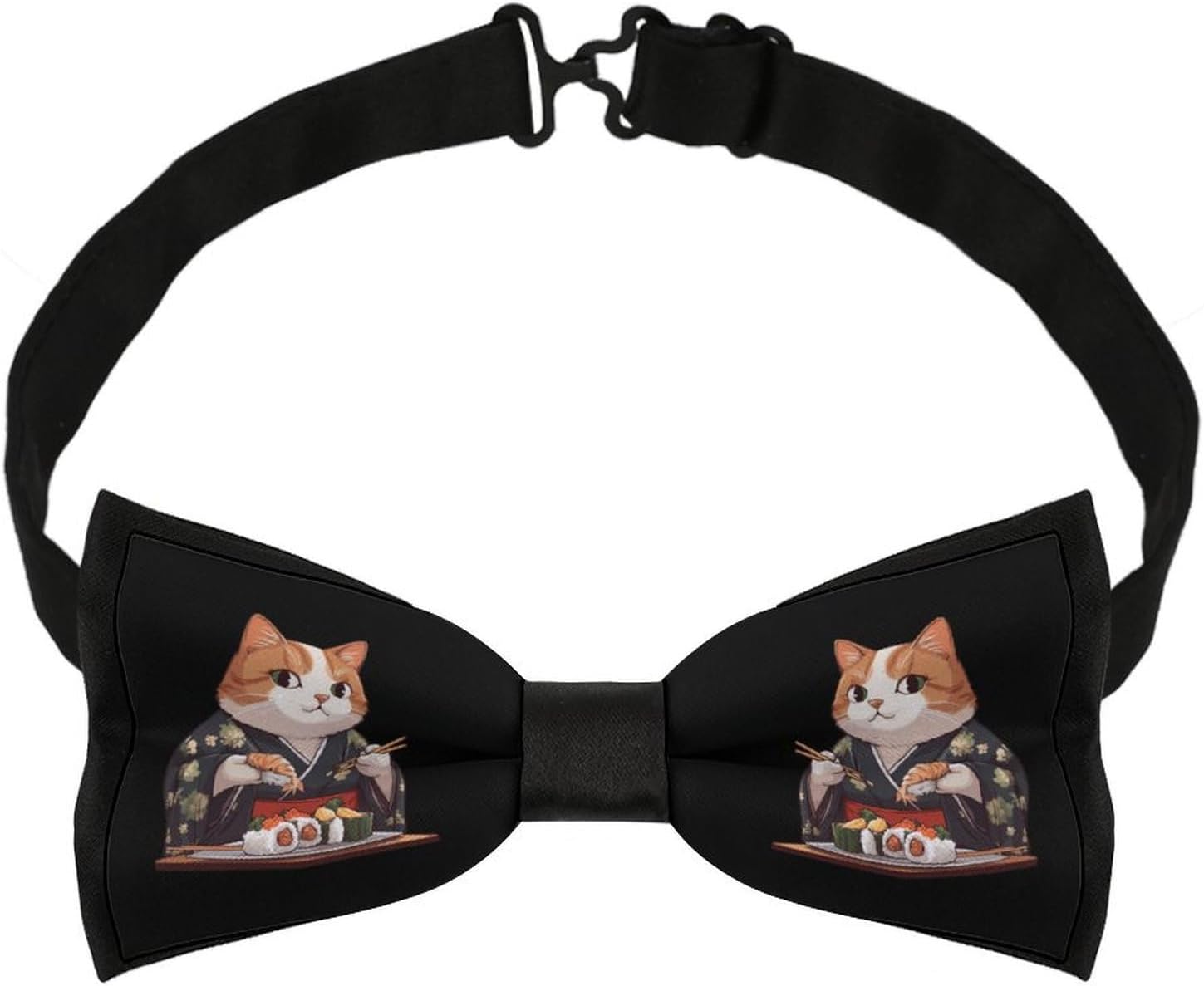 Japan Cat Eating Sushis Bow Ties for Men Fun Printed Pre Tied Adjustable Bowtie for Party Wedding