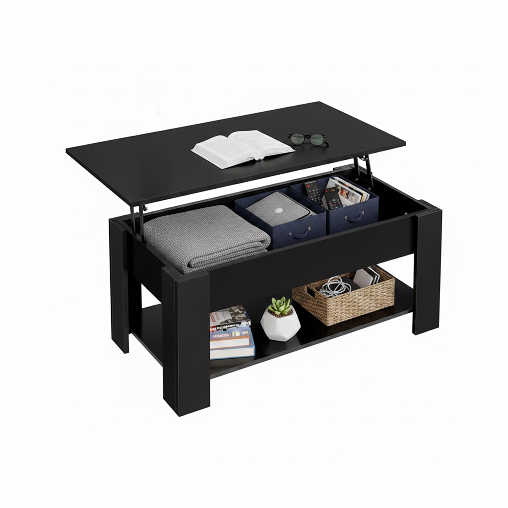 Baroni Home Tavolino da Caffè con Piano Sollevabile, Contenitore Interno, Tavolino Nero da Salotto Moderno con Ripiano, Tavolo Salvaspazio per Soggiorno, 100x40x41,5 cm