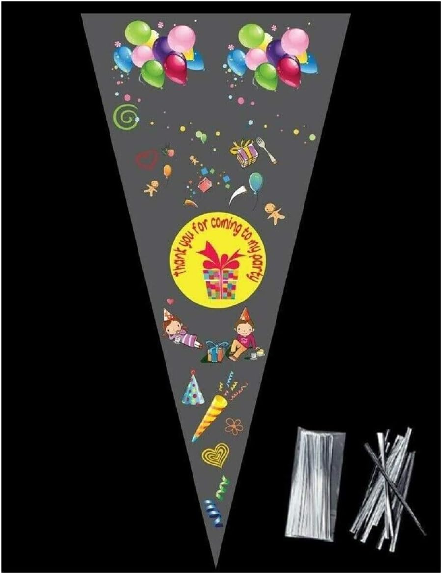 polybagstores PACK OF 50, YELLOW THANK YOU FOR COMING TO MY PARTY, Unique Cellophane Cone Shape Sweet Party Bags 37cm x 18cm