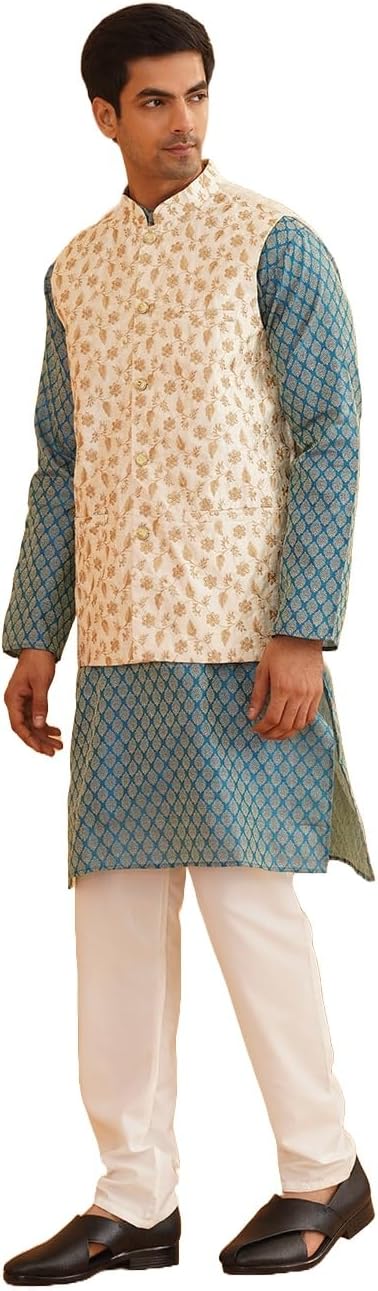 Sojanya (Since 1958 Men'S Silk Blend Peacock Blue Kurta With Pyjamas & Cream Nehru Jacket