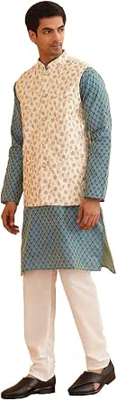 Sojanya Dal 1958 Kurta Da Uomo In Puro Cotone Blu Cielo Ricamato Taglia