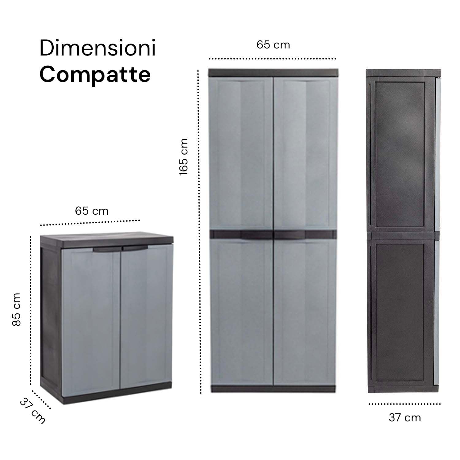 Avilia Juego de 2 muebles de plástico con estantes ajustables – Kit armario alto Tuttopiani y armario bajo, 65 x 37 x 165 cm y 65 x 37 x 85 cm, negro y gris