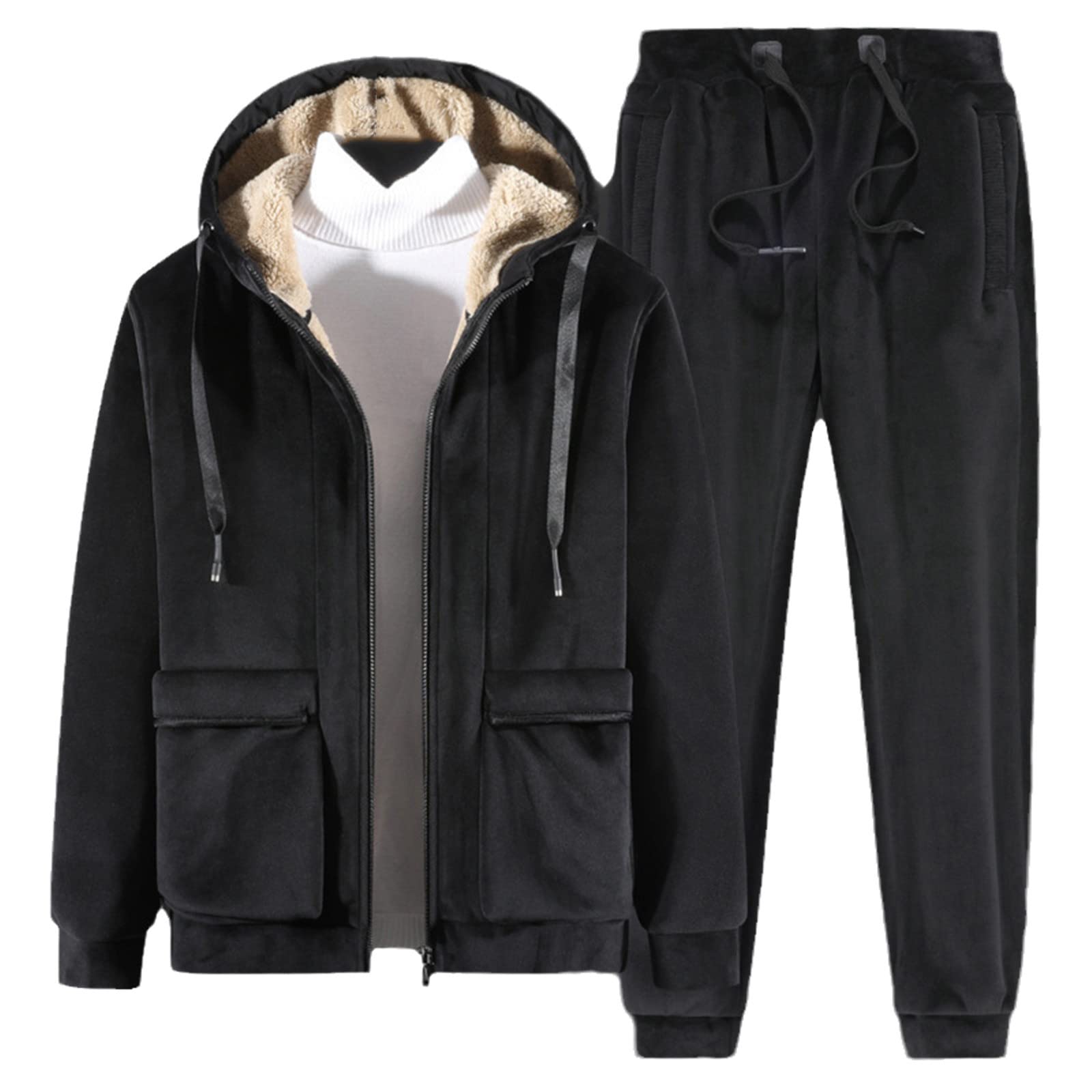 Tuta Uomini Caldo Tute Inverno Velluto Spessore Due Pezzi Set In Pile Mens Tuta Giacca+Pantaloni, Nero , XXXL