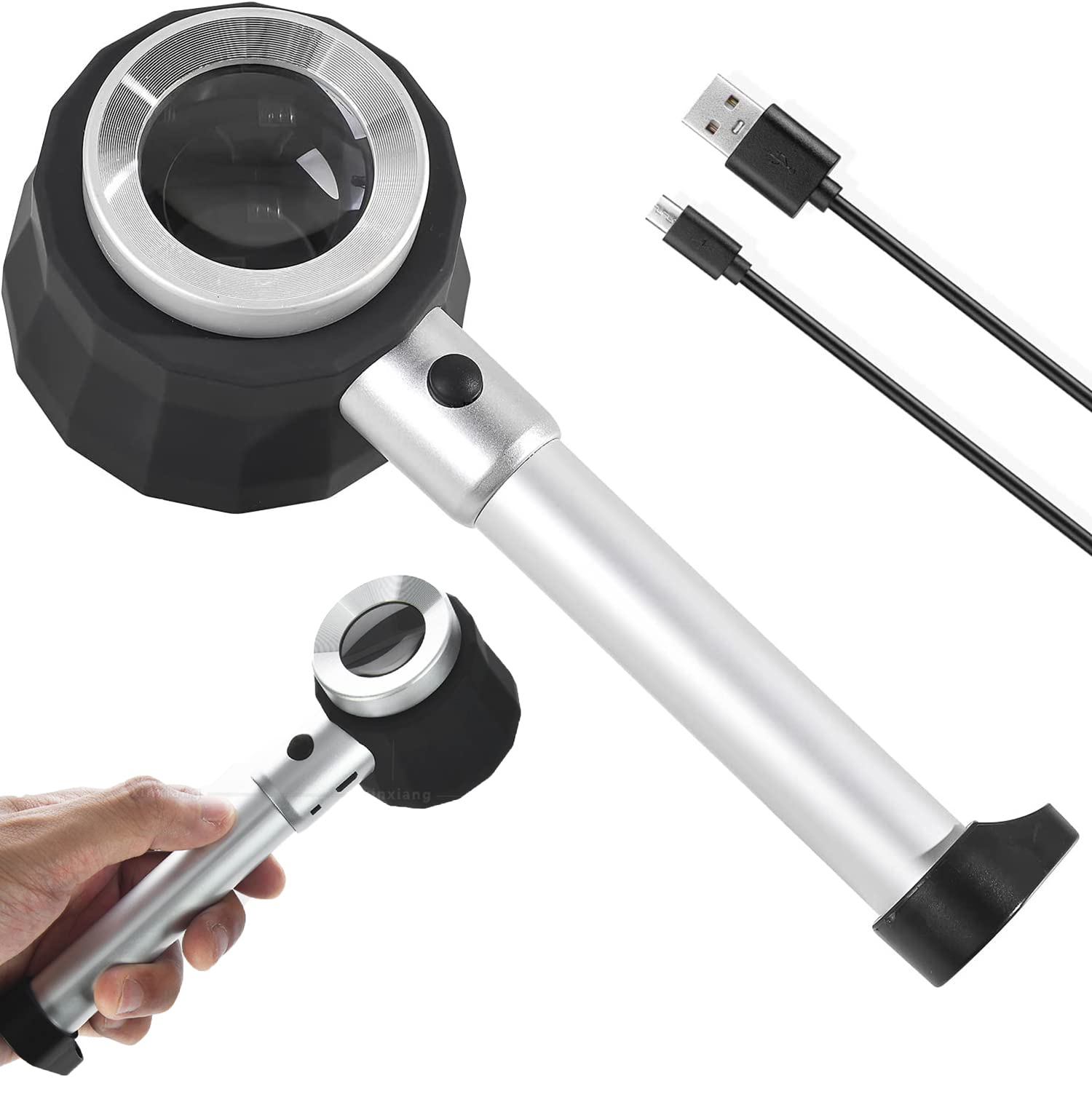 SYOSI Handheld Magnifier with 6 Light, Jeweler Loupes 30X Lighted Magnifying Glass-USB Rechargeable for Seniors Reading Coins Crafts Jewelry Hobbies