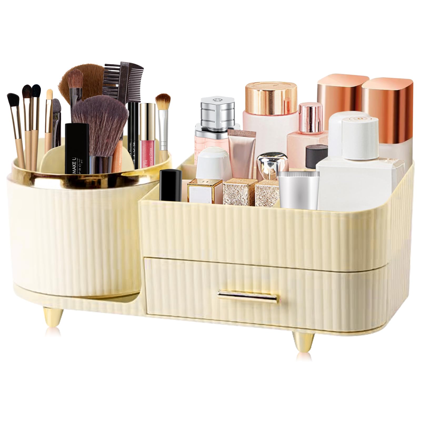 360° Rotating Makeup Organizer for Vanity with Drawers, Large Capacity Cosmetic Display Cases for Cosmetics, Skincare,Perfume, Bathroom Vanity Desktop Organizer (white)