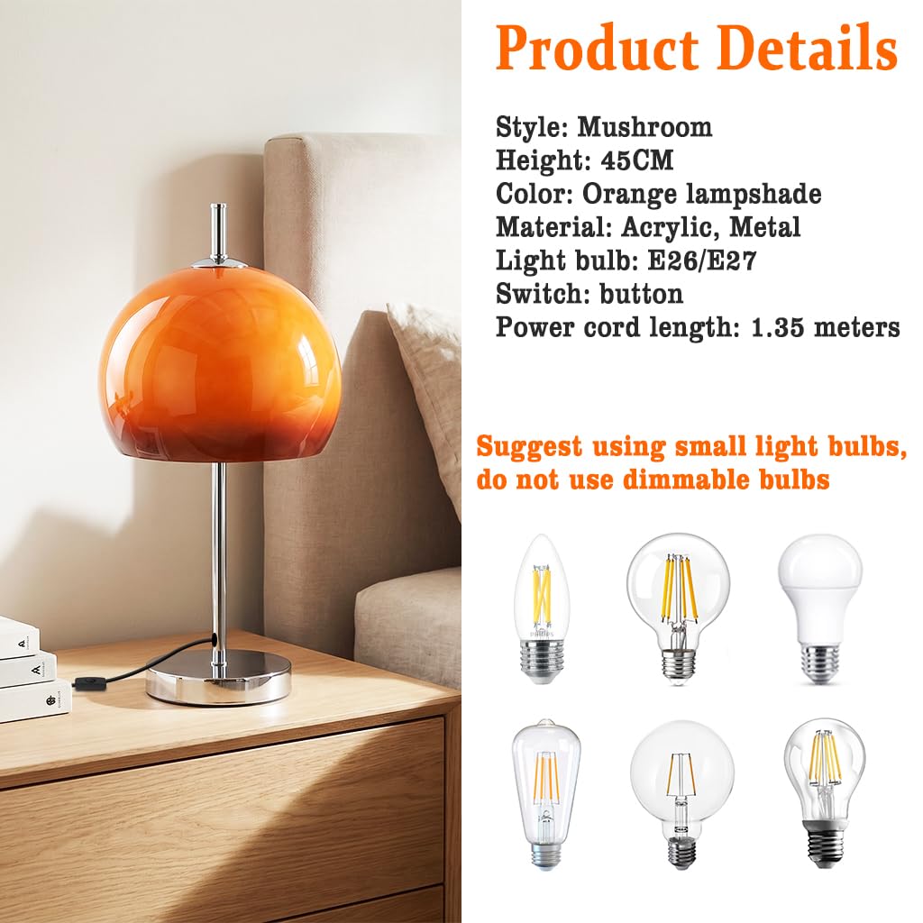 Pilz Lampe,Pilzlampe Tischlampe E27,Acryl Orange Lampenschirm,Silber Lampenkörper,Modern Schreibtischlampe Nachttischlampe Für Wohnzimmer Schlafzimmer Büro Kinderzimmer,Keine Glühbirne Enthalten