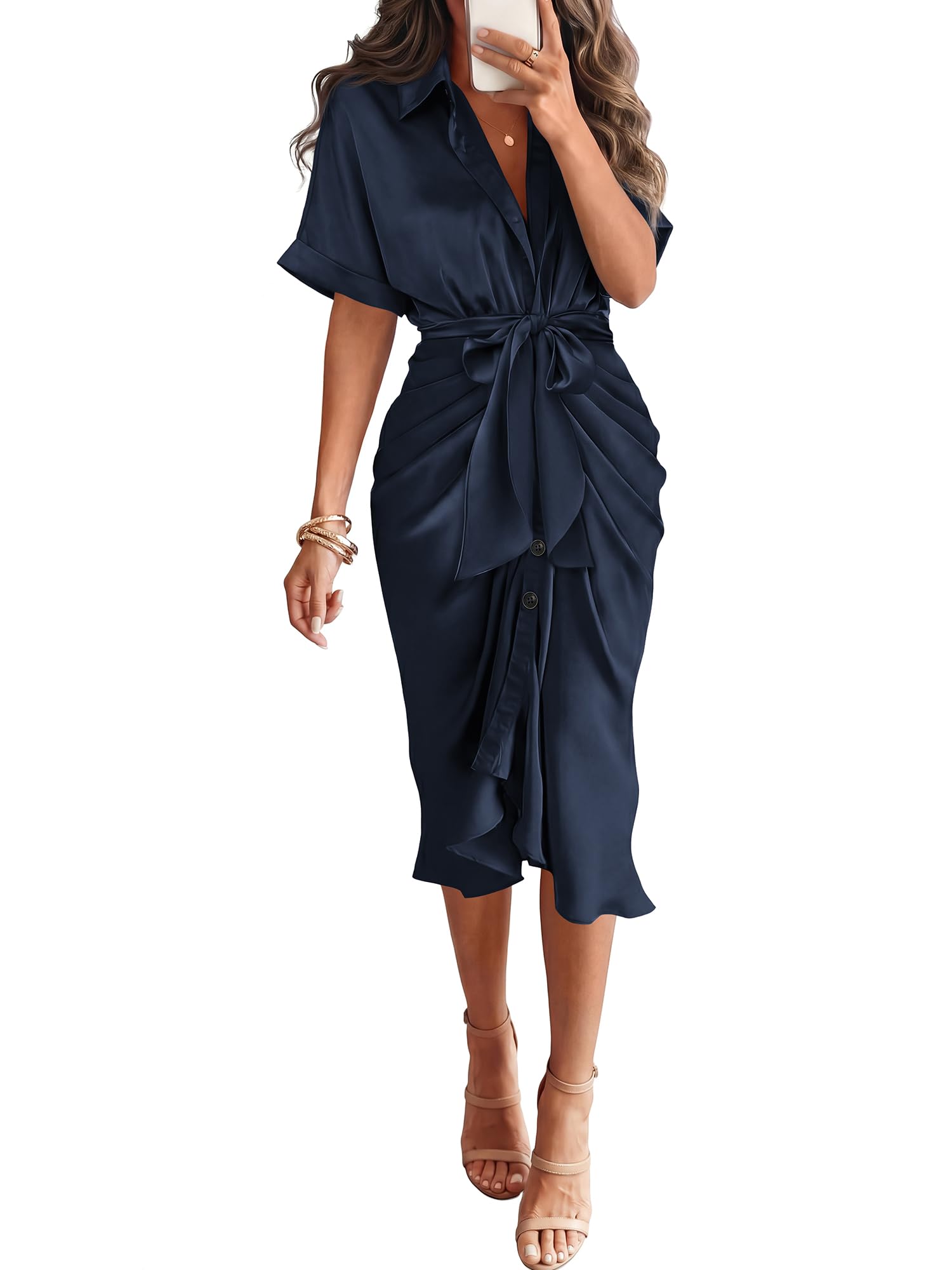 BTFBM Maxi Dresses for Women Business Casual Outfits | Short Sleeve, Button Down, Lightweight, Silk Satin Dress, Ruched, Tie Waist, Cocktail, Party, Wedding Guest, Work Clothes