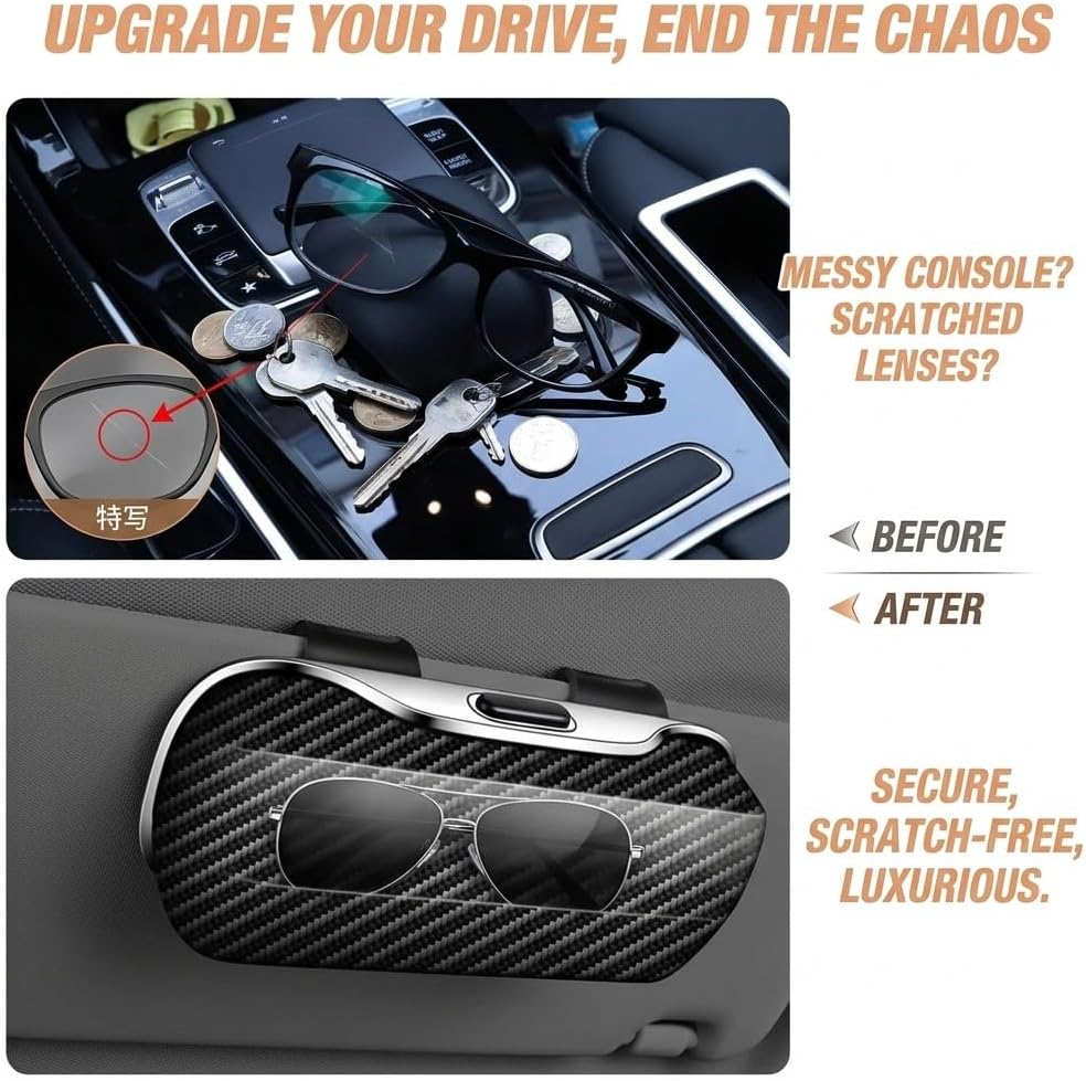 Car Visor Sunglasses Holder Case, Patented Fast Open Glasses Box | Versatile 7x2.56x3.15" visor glasses compartment. Patented 0.5s spring button open with 2mm drop-proof raised barriers.