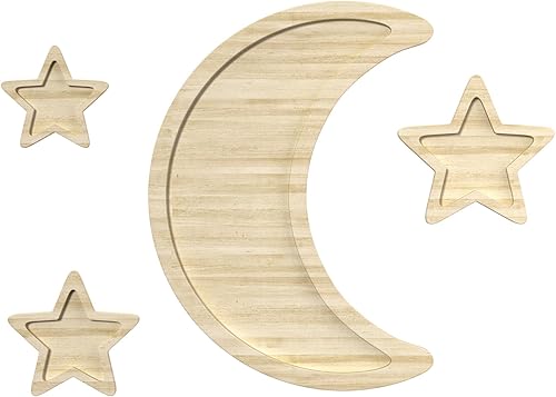 4 piezas de decoración bohemia para cuarto de bebé, decoración de pared de luna y estrellas de madera, decoración de habitación de bebé para