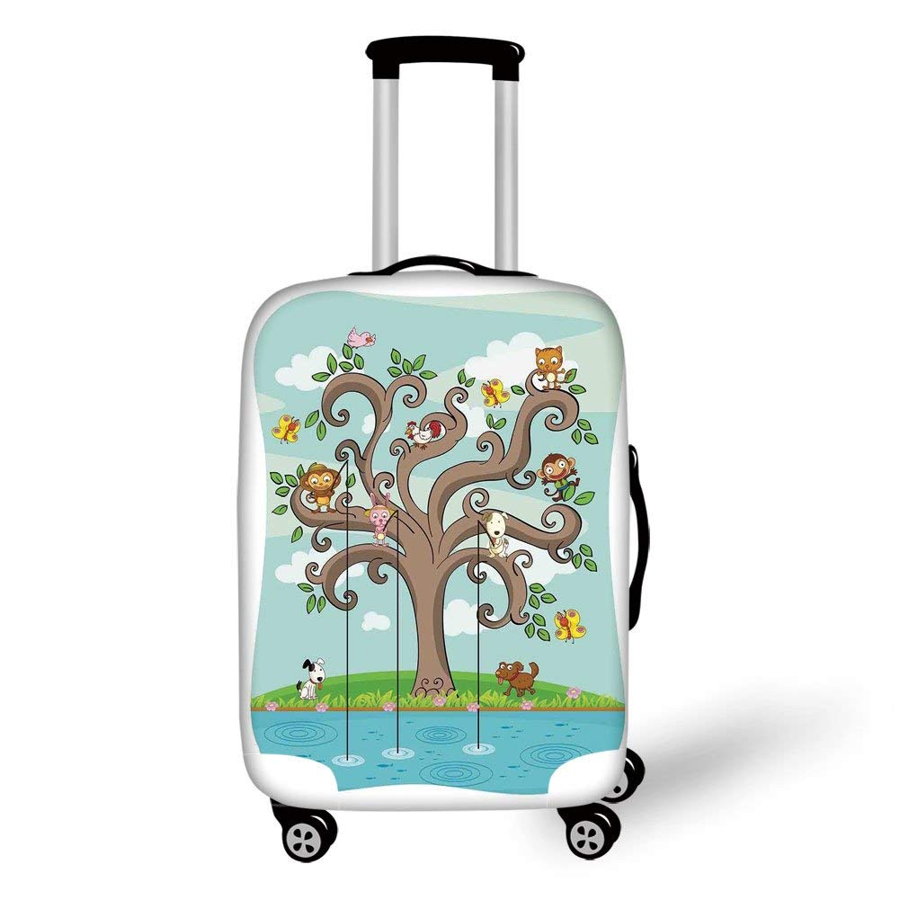 Travel Luggage Cover Suitcase Protector,Kids,Tree of Life Cartoon Art Monkey Doggy Bunny Bee Kitten Roosterken Birds Fishing Print Decorative,，for Travel,S