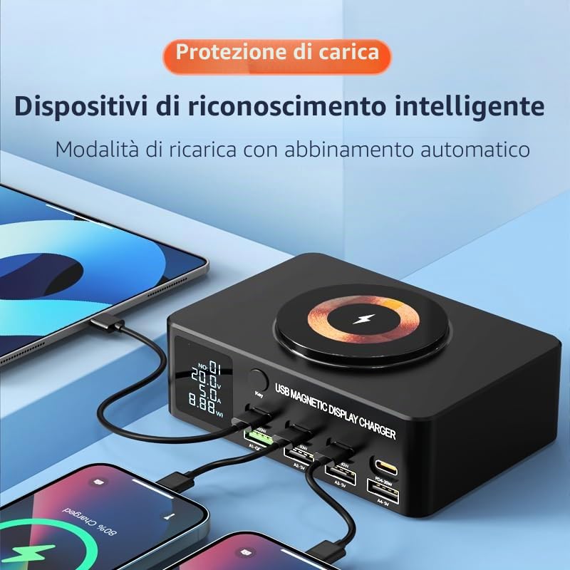 Caricatore intelligente multifunzione con display magnetico da 140 W, 8+1 porta USB C con PD da 100 W, QC3.0, caricatore wireless magnetico, display LCD