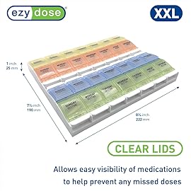 EZY DOSE Weekly (7-Day) Pill Organizer, Vitamin Container, and Daily Medicine Planner, 2X-Large Push Button Compartments, Arthritis Friendly, Easy to Use, 4 Times a Day, Pastel Rainbow Lids, BPA Free