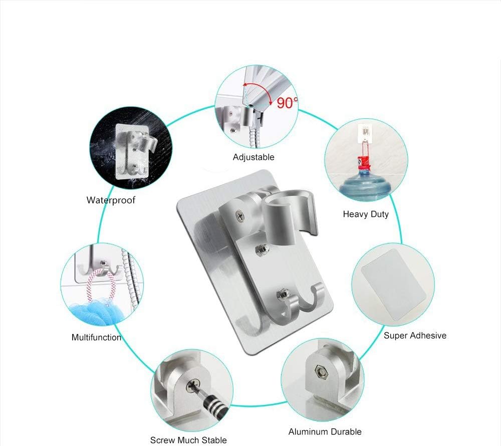 Adjustable Shower Holder Wall Mount Bracket with 2 Hanger Hooks, Aluminum Super Heavy Duty Strong Adhesive for Bathroom