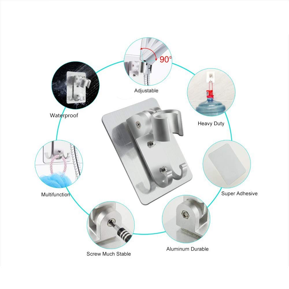 AKAZI Verstellbarer Duschkopfhalter Wandhalterung mit 2 Aufhängerhaken, Aluminium Super Heavy Duty Strong Adhesive für Badezimmer