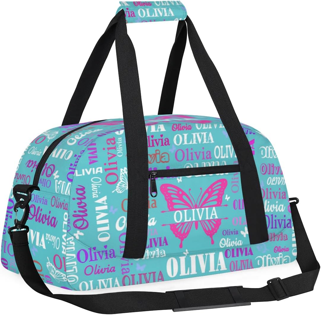 Custom Name Sports Duffel Bag with Butterflies, Personalized Gym Sport Duffel Cheerleading Bag Travel Weekender Tote Carry-On Bag, Lake Blue Background