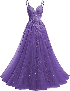 V Neck Tulle Prom Dresses 2025 Long Sparkly Lace Formal Party Dress YMS23 - Buy now