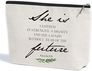 Christian Gifts Makeup Bag Bible Verse Religious Cosmetic Bag Inspirational Gifts for Women She Is Clothed in Strength Proverbs 31:25 Scripture Quotes Gift Christmas Birthday Gifts for Wife Mom Sister