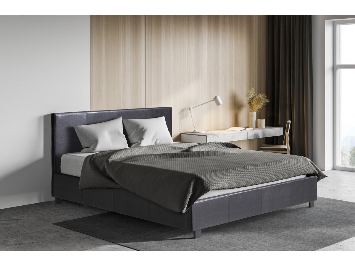 Habitat et Jardin - Lit Double Carla en Simili Noir avec Coffre Rangements 140 x 190 cm | Cadre de Lit 2 Places Design | Sommier à Lattes et Tête de Lit Inclus