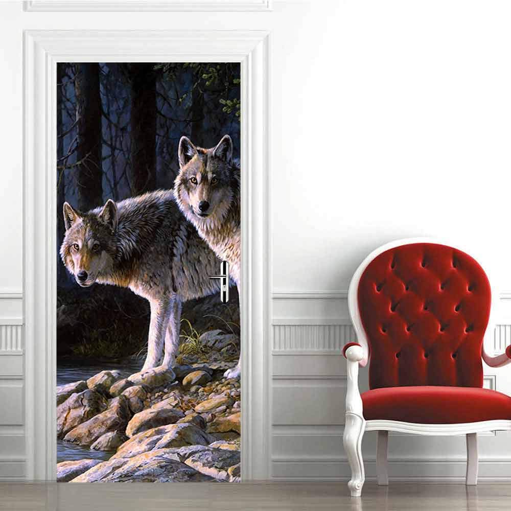Sticker porte trompe l'oeil 3D loups 95x215 cm pour decoration murale de salon