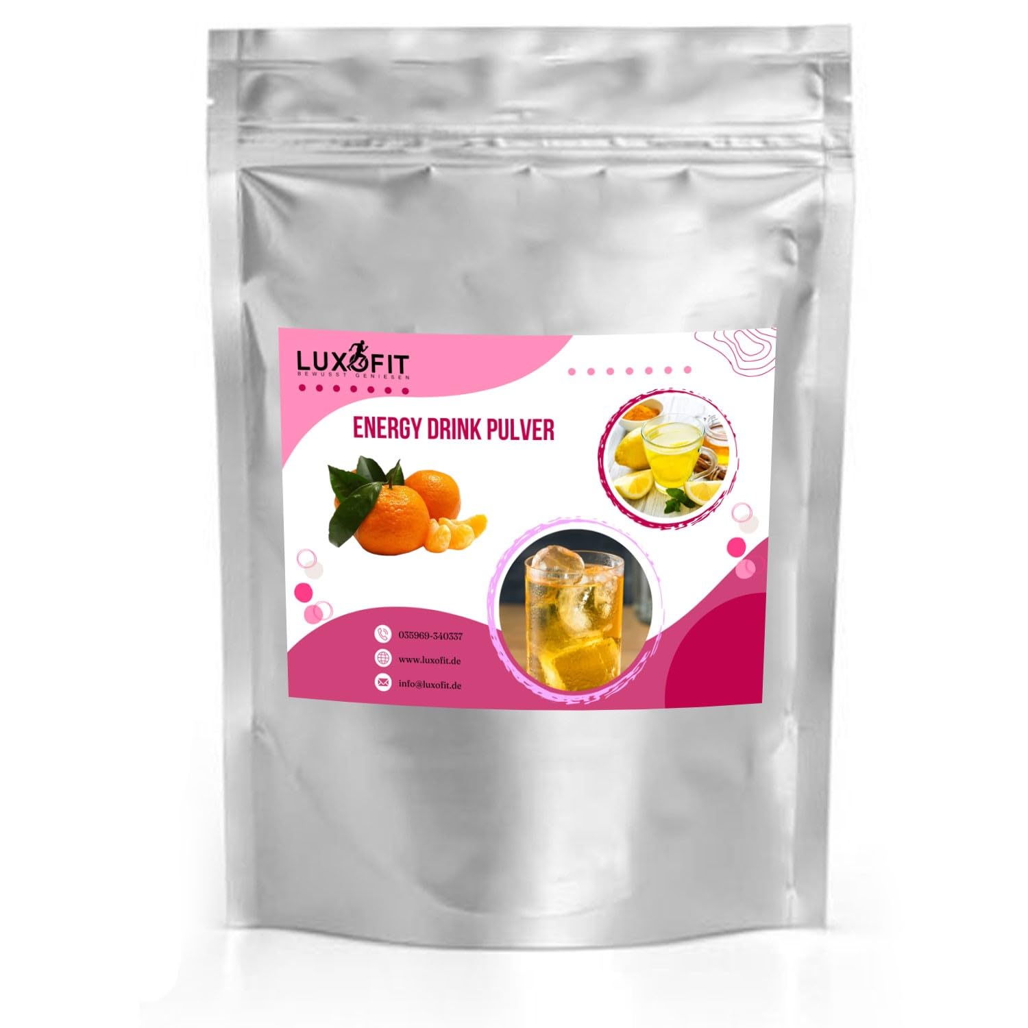 Luxofit Mandarinen Energy Drink Pulver, allergenfrei, Geschmacksintensiv, natürliche Farbstoffe, Taurinhaltiges Getränkepulver, einfache Zubereitung, Energieboost (10 Kg)