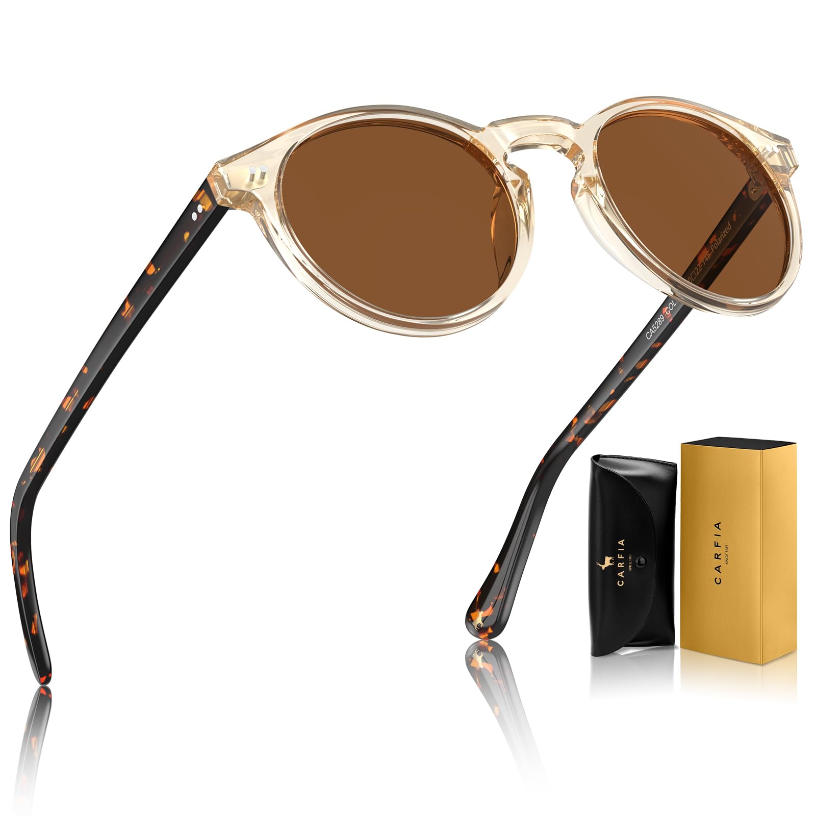 CARFIA Rund Sonnenbrille Herren Polarisiert Vintage Acetat-Rahmen | UV400-Schutz, Für Fahren Reisen Alltag Outdoor,Einteilige Nasenauflage，Bequem mit Brillenetui，Ideal als Geschenk