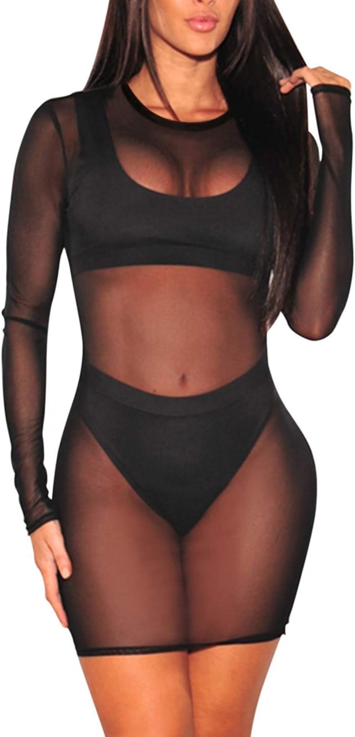 Jumppmile Women's Sheer Mesh Long Sleeve See Through Swimwear Bikini Cover Up Dress - Image 2