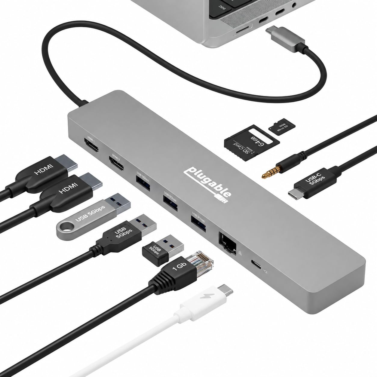 Plugable Hub USB-C 11 en 1 100 W USB-C Pass-Through, Station d'accueil pour Ordinateur Portable Double Moniteur avec HDMI 4K 60 Hz, Compatible avec Thunderbolt 4/3, USB-C Windows, Chromebooks, 1 Port
