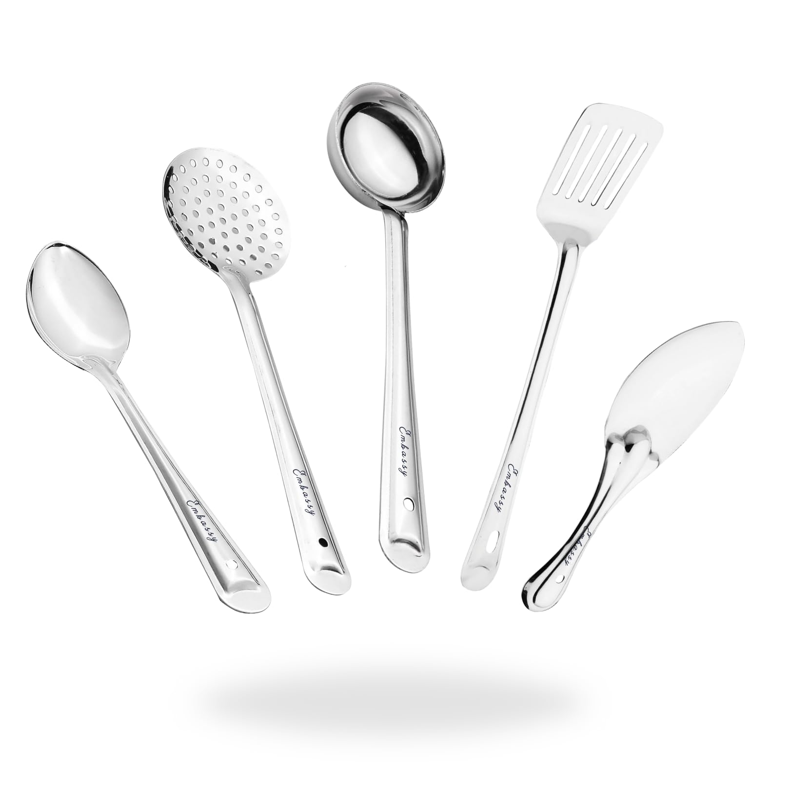 Embassy Premium Stainless Steel Kitchen Tools Set 3-in-1, 5-in-1, 7-in-1 Pack for Cooking - Silver Ladle, Skimmer, Slotted Turner, Server Spoon, Oval Serving Spoon, Turner, Rice Server (Pack of 5)
