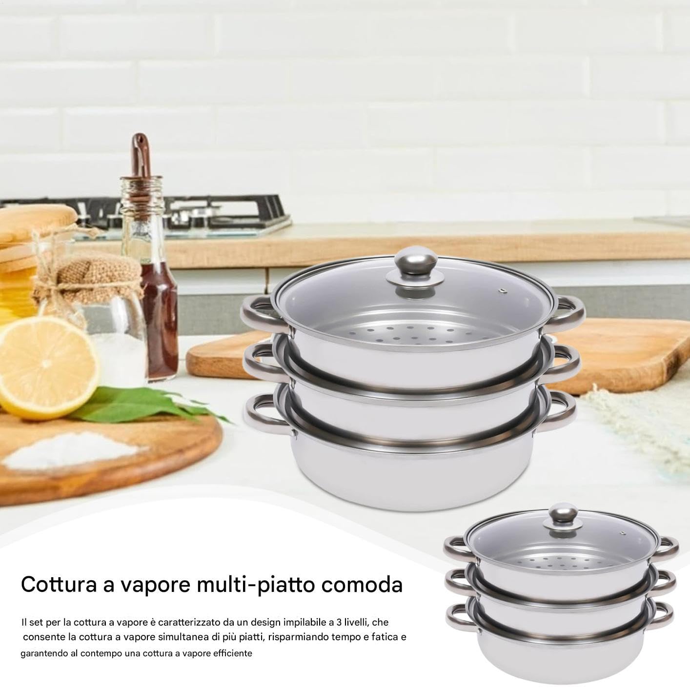Set Per Cottura A Vapore - 28 Centimetri Impilabile Con Manico